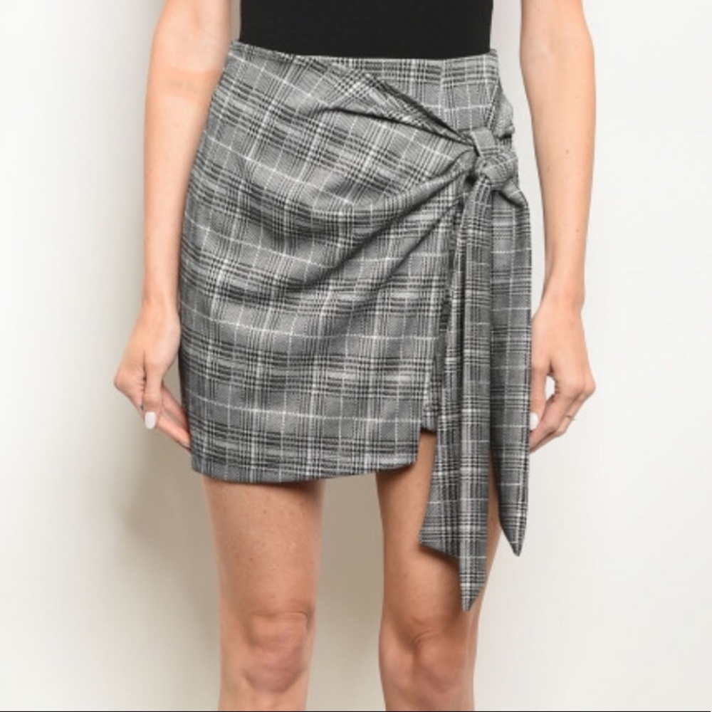 Black Plaid Gingham Side Tie Skirt